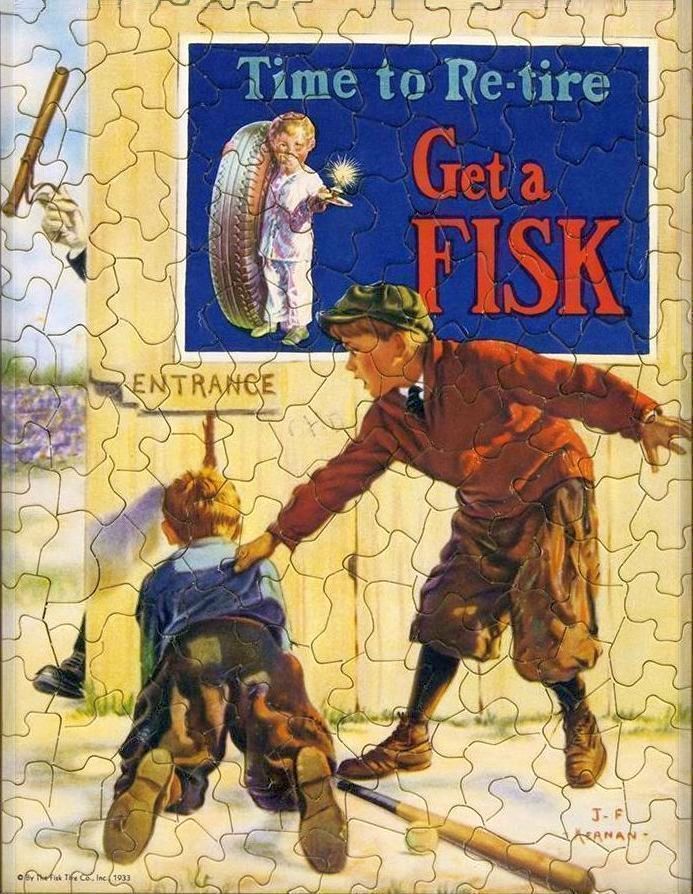 A 1933 Fisk Tire promotional jigsaw puzzle with a baseball theme — a die-cut cardboard puzzle given free to customers who bought a new tire. Advertising puzzles like this one were produced by the hundreds of thousands during the Depression.