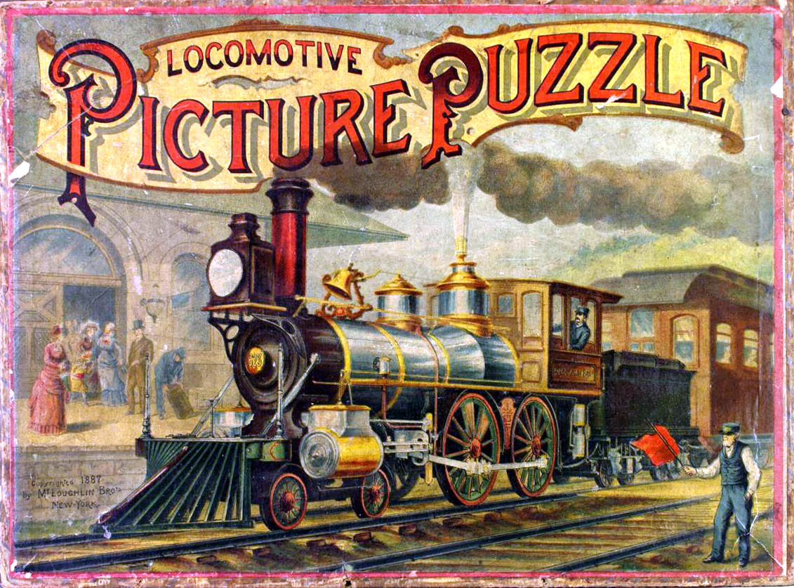An 1887 McLoughlin Brothers "Locomotive Picture Puzzle" — a chromolithograph jigsaw puzzle depicting a steam locomotive arriving at a station. The vivid color printing that became possible in the late 1800s transformed puzzles from educational map exercises into visual entertainment.