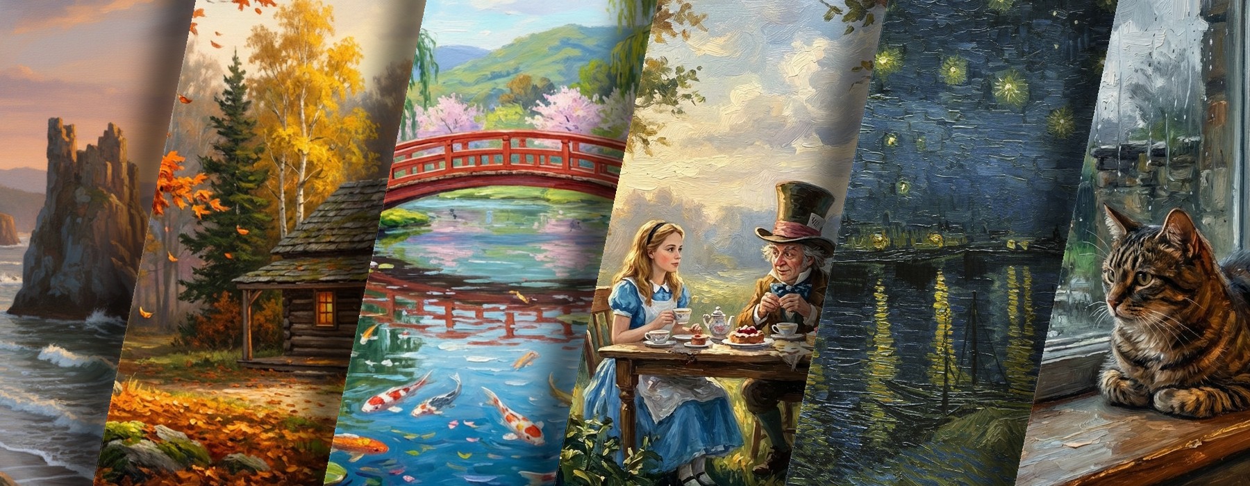 Six jigsaw puzzle images arranged in a grid, each representing a puzzler archetype: a lighthouse coastal scene (The Horizon Seeker), an autumn log cabin (The Nester), Monet's water lilies (The Time Traveler), a unicorn in a moonlit forest (The Storyteller), a barn cat sleeping on hay (The Companion), and a Japanese wooden bridge in an autumn garden (The Explorer).