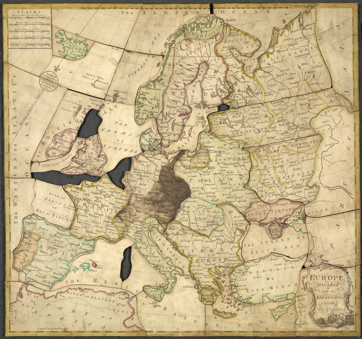 John Spilsbury's 1766 dissected map of Europe — believed to be the first purpose-made jigsaw puzzle. The map was pasted onto a wooden board and cut along country borders so children could learn geography by reassembling the pieces. Five of the original fifty pieces are missing.